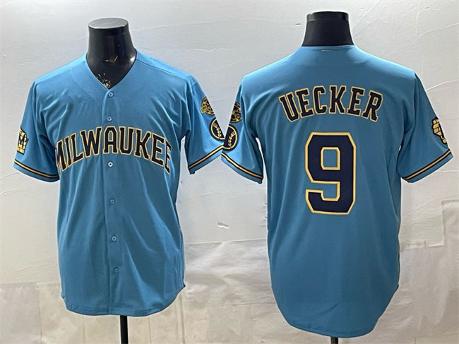 Milwaukee Brewers #9 Bob Uecker Blue BUTLER With Home & Bob Uecker Patch Stitched Jersey
