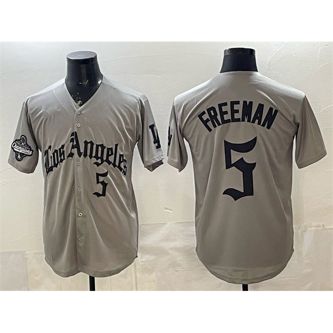 Los Angeles Dodgers #5 Freddie Freeman Grey BUTLER LA Gothic Style With 2025 World Series Champions Patch Limited Stitched Jersey