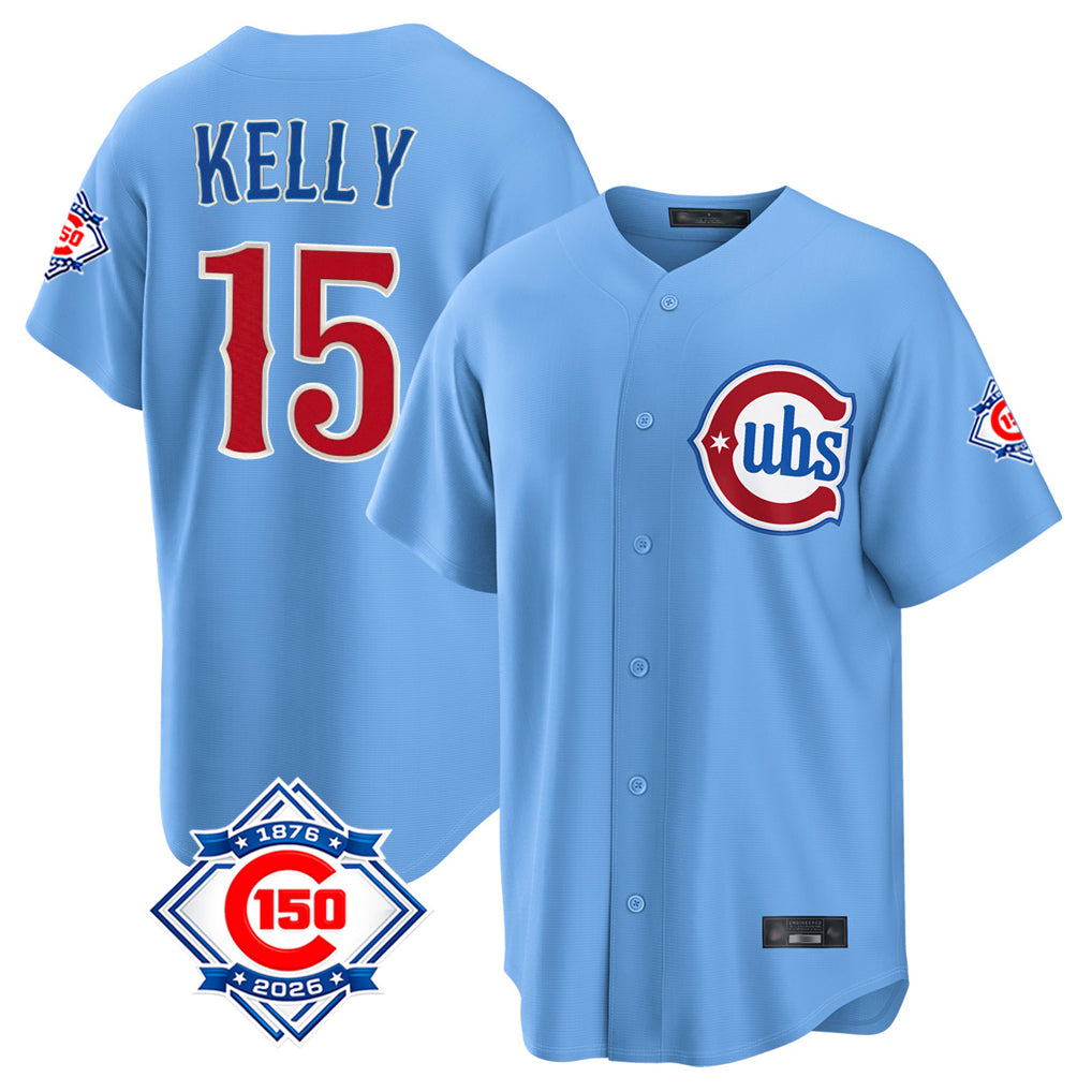 Chicago Cubs #15 Carson Kelly Player Light Blue BUTLER 150th Anniversary Home Game Stitched Jerseys