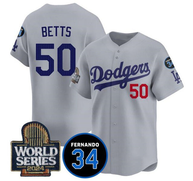 Los Angeles Dodgers #50 Mookie Betts Grey BUTLER 2024 World Series With Fernando Memorial Patch Limited Stitched Jersey
