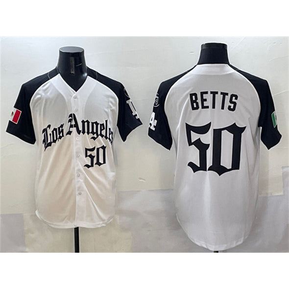 Los Angeles Dodgers #50 Mookie Betts White Black BUTLER Mexico 2025 LA Gothic Style With Fernando Patch Vapor Premier Limited Stitched Jersey