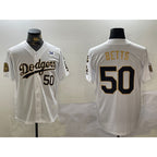 Los Angeles Dodgers #50 Mookie Betts White Gold BUTLER 2024 World Series With Fernando Memorial Patch Limited Stitched Jersey2