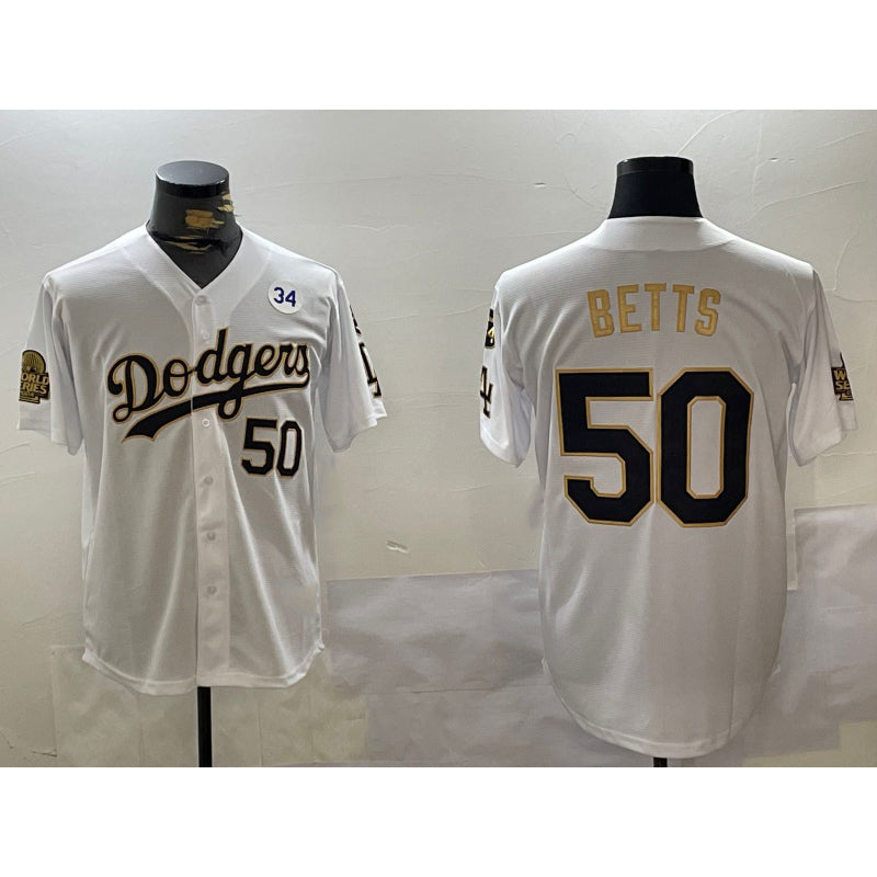 Los Angeles Dodgers #50 Mookie Betts White Gold BUTLER 2024 World Series With Fernando Memorial Patch Limited Stitched Jersey2