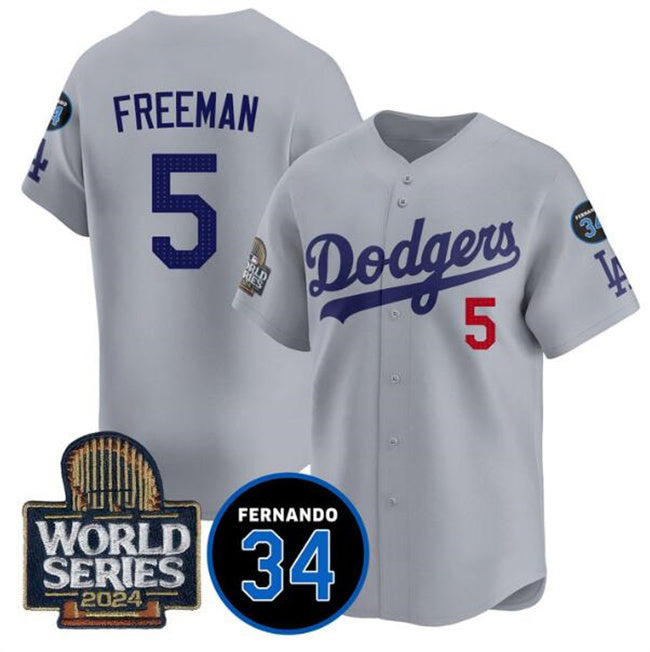 Los Angeles Dodgers #5 Freddie Freeman Grey BUTLER 2024 World Series With Fernando Memorial Patch Limited Stitched Jersey