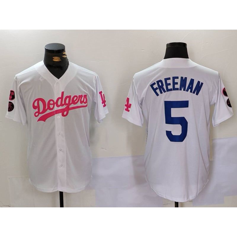 Los Angeles Dodgers #5 Freddie Freeman White Pink BUTLER Vin & Kobe Patch Stitched Jersey 2
