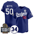 Los Angeles Dodgers #50 Mookie Betts Royal BUTLER 2024 World Series With No. 34 Patch Cool Base Stitched Jersey