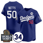 Los Angeles Dodgers #50 Mookie Betts Royal BUTLER 2024 World Series With No. 34 Patch Cool Base Stitched Jersey