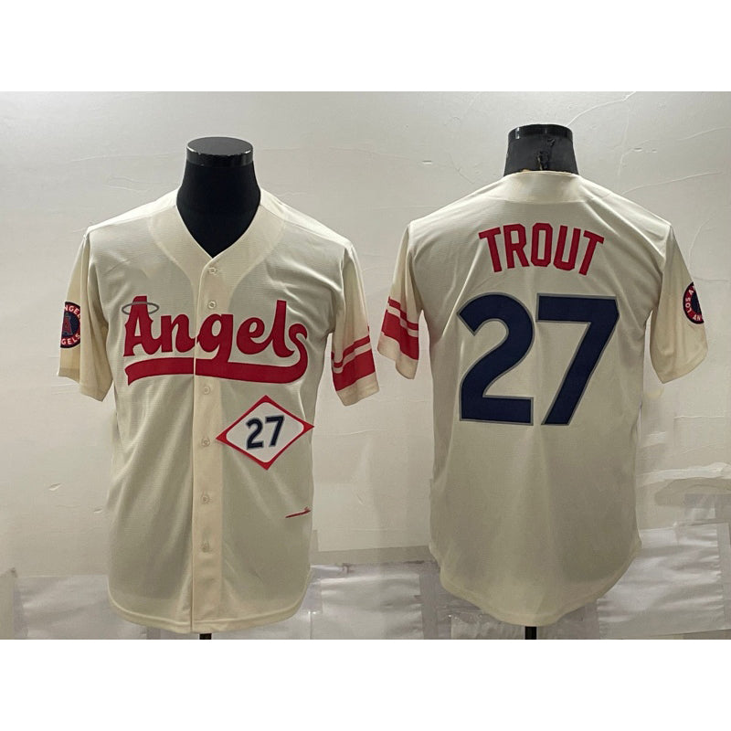 Los Angeles Angels #27 Mike Trout Number Cream BUTLER 2022 City Connect Cool Base Stitched Jersey