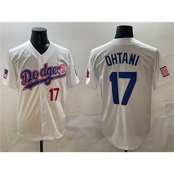 Los Angeles Dodgers #17 Shohei Ohtani White BUTLER With American Flag Patch Limited Stitched Jersey
