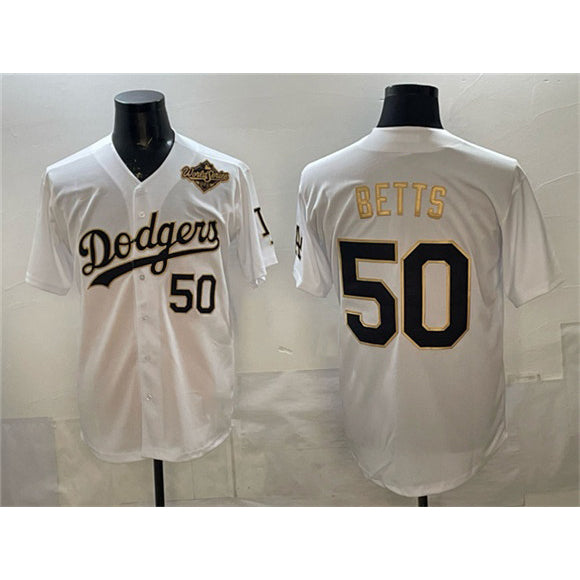 Los Angeles Dodgers #50 Mookie Betts White Gold BUTLER 2025 World Series Patch Limited Stitched Jersey