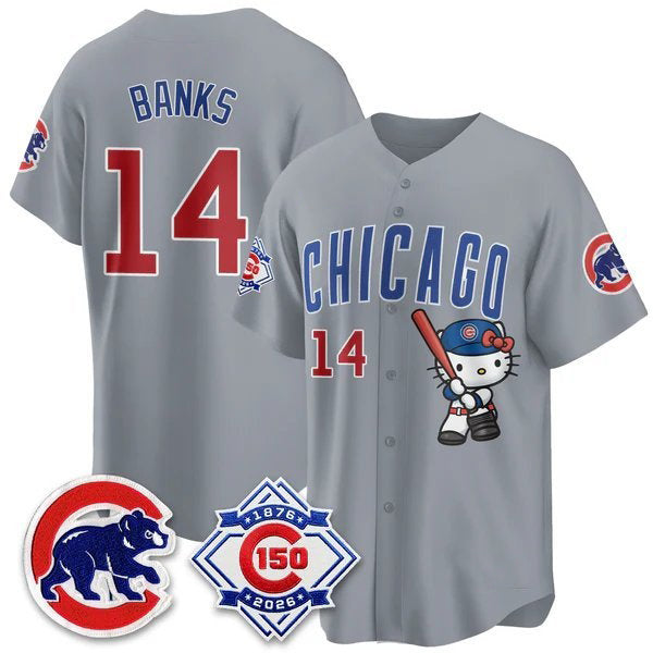 Chicago Cubs #14 Ernie Banks Gray BUTLER Meow KT All Stitched Jersey