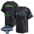 Tampa Bay Rays #13 Junior Caminero Charcoal 2026 AL East Champions Patch City Connect Limited Stitched Jersey BUTLER