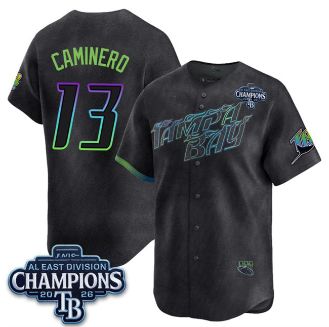 Tampa Bay Rays #13 Junior Caminero Charcoal 2026 AL East Champions Patch City Connect Limited Stitched Jersey BUTLER