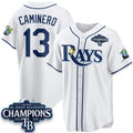 Tampa Bay Rays #13 Junior Caminero White 2026 AL East Champions Patch Limited Stitched Jersey BUTLER