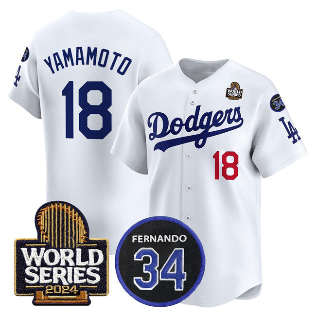 Los Angeles Dodgers #18 Yoshinobu Yamamoto White BUTLER 2024 World Series With Fernando Memorial Patch Limited Stitched Jersey