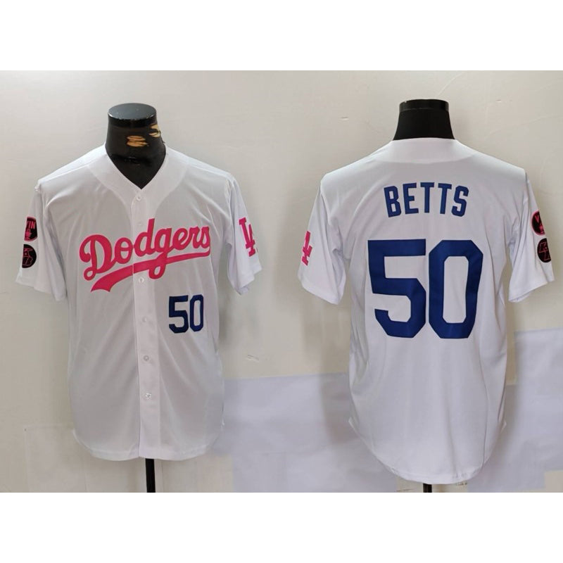 Los Angeles Dodgers #50 Mookie Betts White Pink BUTLER Vin & Kobe Patch Stitched Jerseys
