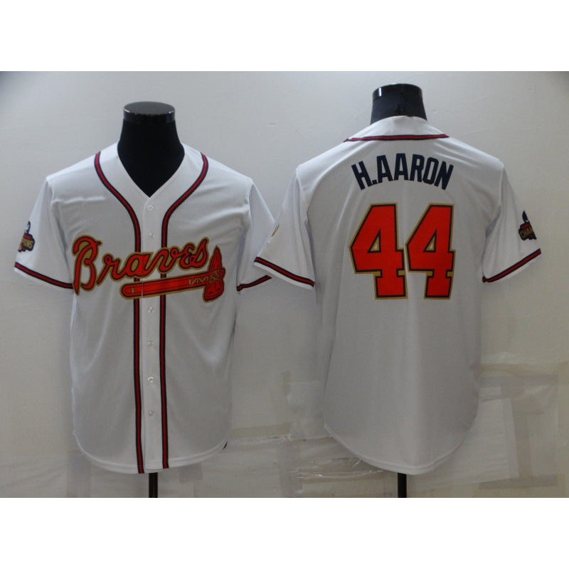 Atlanta Braves #44 Hank Aaron 2022 White Gold BUTLER World Series Champions Program Cool Base Stitched Jersey