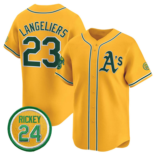 Oakland Athletics #23 Shea Langeliers Yellow BUTLER 2024 Limited With Rickey Henderson Patch Stitched Jersey