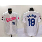 Los Angeles Dodgers #18 Yoshinobu Yamamoto White Pink BUTLER Vin & Kobe Patch Stitched Jersey 2