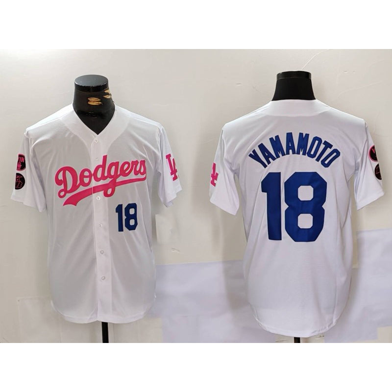 Los Angeles Dodgers #18 Yoshinobu Yamamoto White Pink BUTLER Vin & Kobe Patch Stitched Jersey 2