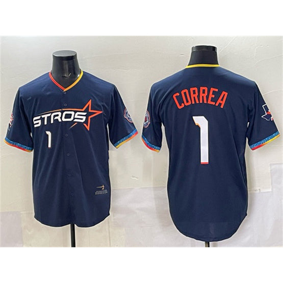 Houston Astros #1 Carlos Correa Navy BUTLER 2025 City Connect With Texas Patch Limited Stitched Jersey