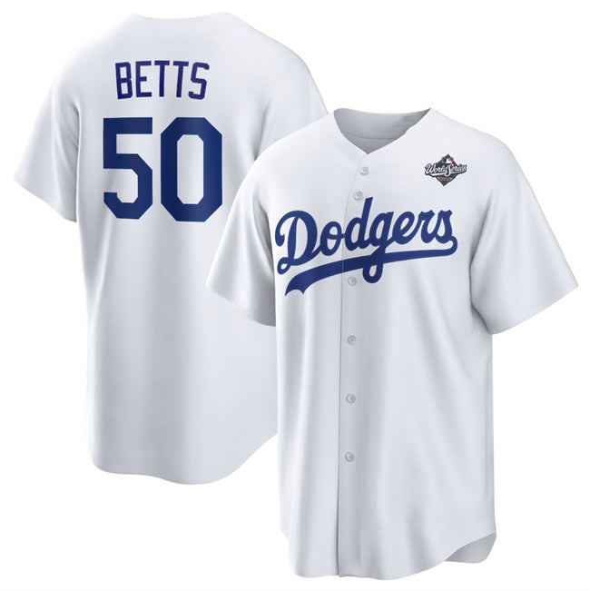 Los Angeles Dodgers #50 Mookie Betts White BUTLER 2025 World Series Home Cool Base Stitched Jersey