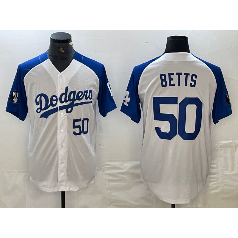 Los Angeles Dodgers #50 Mookie Betts Number White Blue BUTLER Fashion Stitched Cool Base Limited Jersey 2