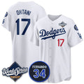 Los Angeles Dodgers #17 Shohei Ohtani White BUTLER 2025 World Series With No. 34 Patch Limited Stitched Jersey