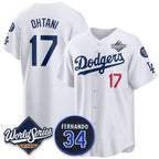 Los Angeles Dodgers #17 Shohei Ohtani White BUTLER 2025 World Series With No. 34 Patch Limited Stitched Jersey