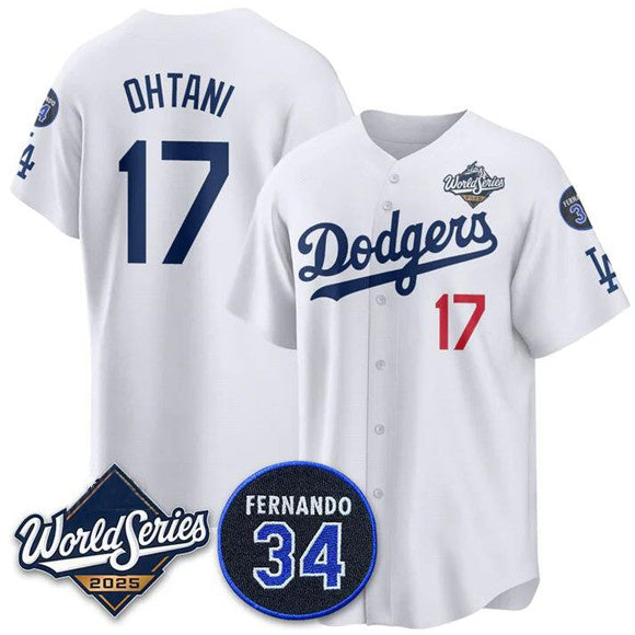 Los Angeles Dodgers #17 Shohei Ohtani White BUTLER 2025 World Series With No. 34 Patch Limited Stitched Jersey
