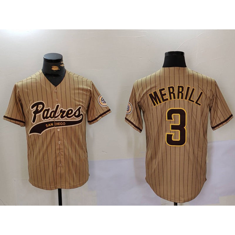 San Diego Padres #3 Jackson Merrill Tan BUTLER 2023 Cool Base Stitched Jersey 2