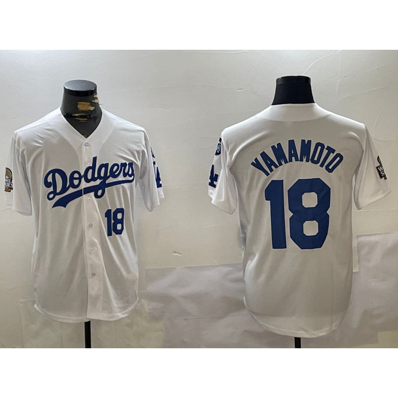 Los Angeles Dodgers #18 Yoshinobu Yamamoto White BUTLER 2024 World Series With Fernando Memorial Patch Home Limited Stitched Jersey 2