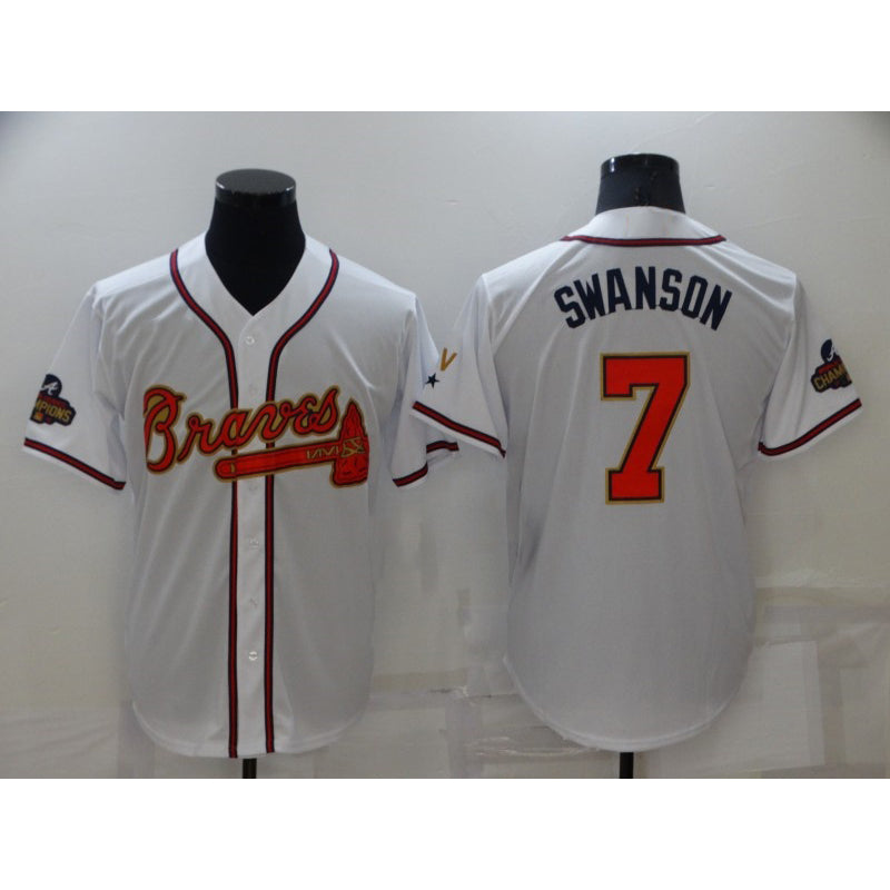Atlanta Braves#7 Dansby Swanson 2022 White BUTLER Gold World Series Champions Program Cool Base Stitched Jersey