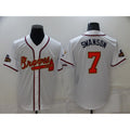 Atlanta Braves#7 Dansby Swanson 2022 White BUTLER Gold World Series Champions Program Cool Base Stitched Jersey