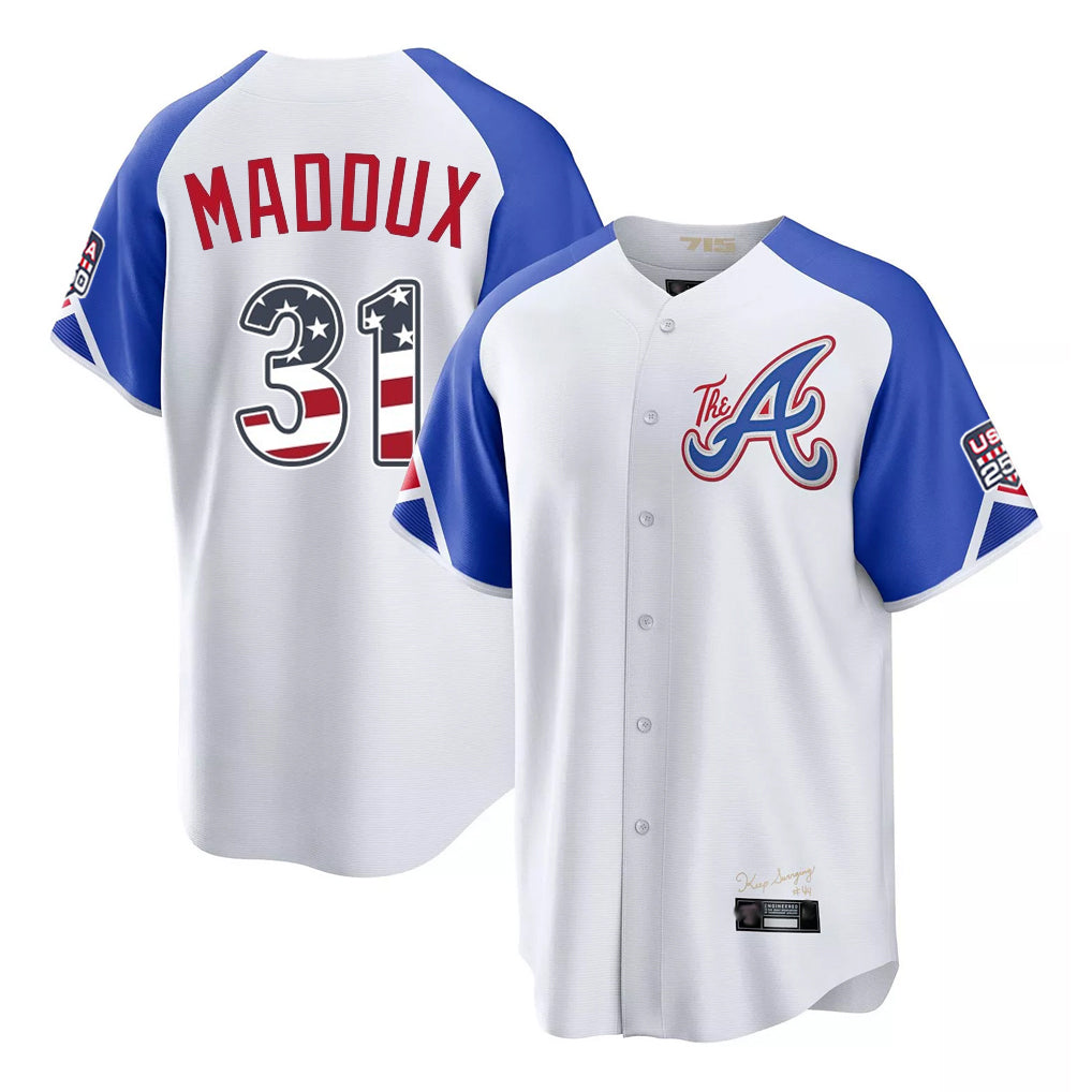 Atlanta Braves #31 Greg Maddux Player White BUTLER USA 250 Fourth Of July City Connect Home Game Stitched Jerseys