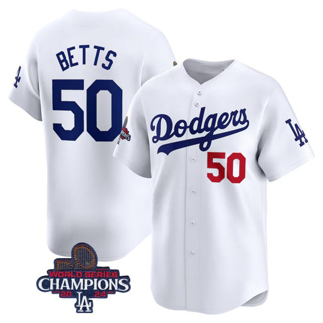 Los Angeles Dodgers #50 Mookie Betts White BUTLER 2024 World Series Champions Home Limited Stitched Jersey