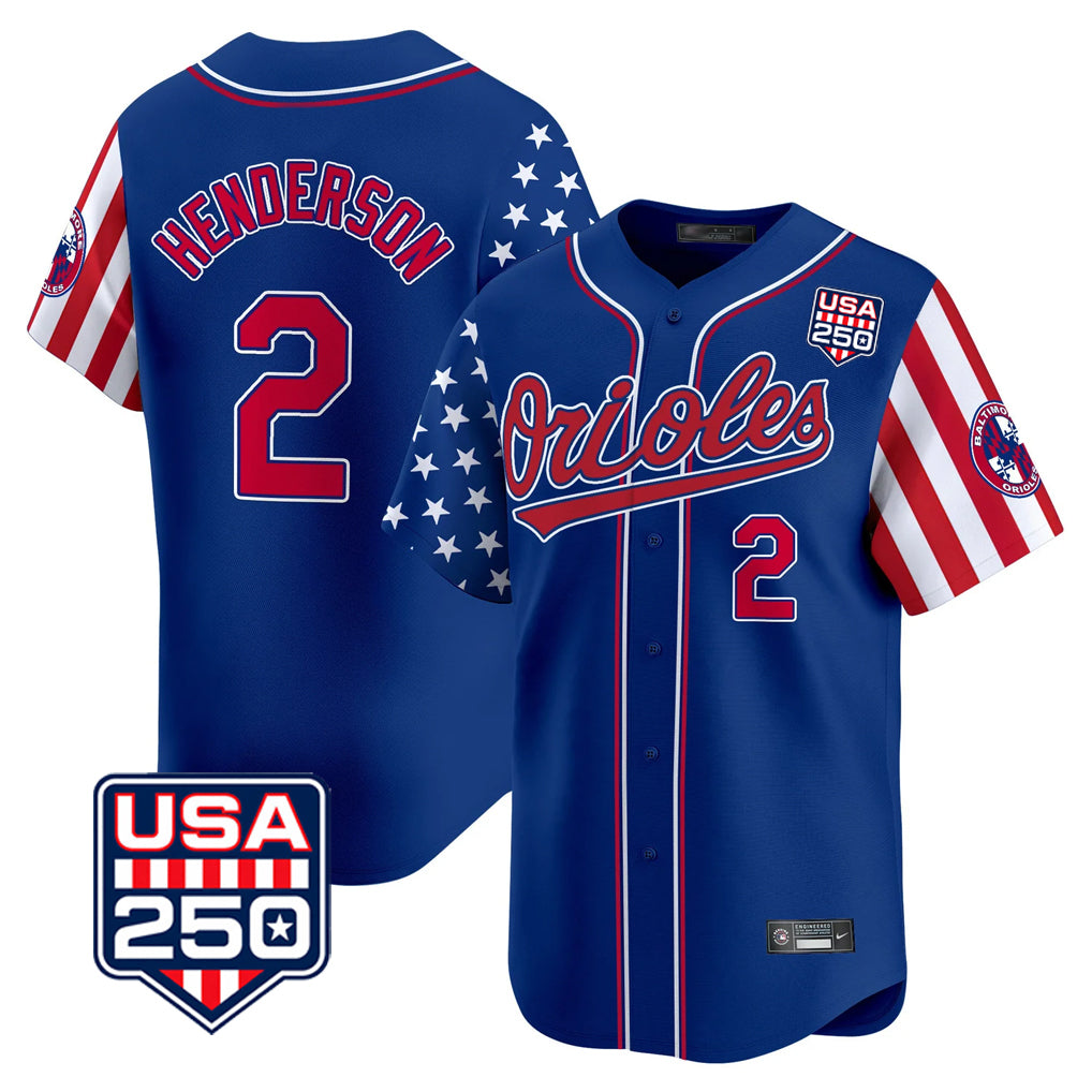 Baltimore Orioles #2 Gunnar Henderson Player Royal BUTLER USA 250 Independence Day Vapor Premier Limited Home Game Stitched Jerseys