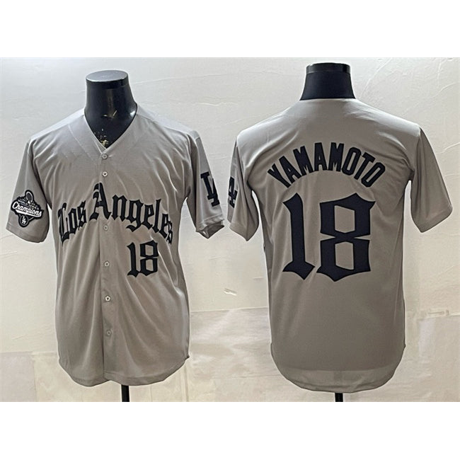 Los Angeles Dodgers #18 Yoshinobu Yamamoto Grey BUTLER LA Gothic Style With 2025 World Series Champions Patch Limited Stitched Jersey