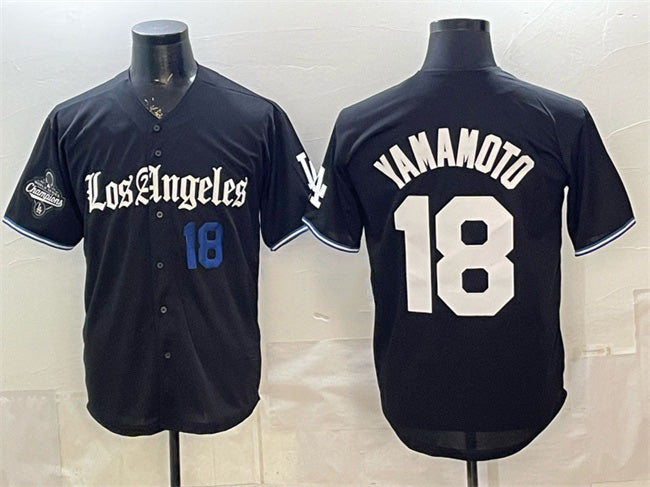 Los Angeles Dodgers #18 Yoshinobu Yamamoto Black BUTLER 2025 World Series Champions Patch 'Gothic Edition' Vapor Premier Limited Stitched Jersey