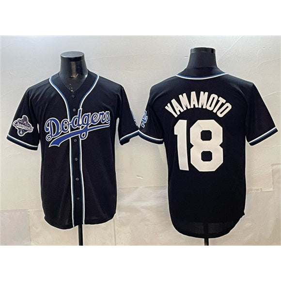 Los Angeles Dodgers #18 Yoshinobu Yamamoto Black BUTLER 2025 World Series Champions Patch Cool Base Stitched Jersey