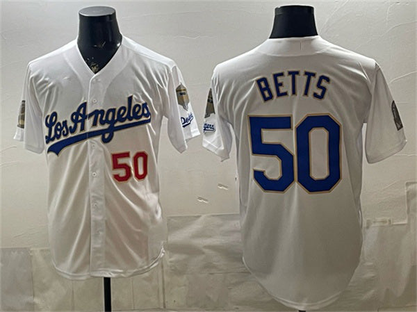 Los Angeles Dodgers #50 Mookie Betts White BUTLER 2026 Gold Collection 9x & B2B Champs Patch Stitched Jersey