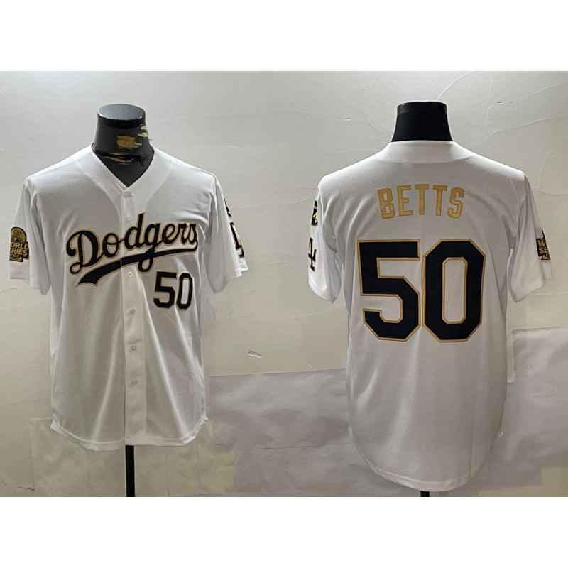 Los Angeles Dodgers #50 mookie betts white gold BUTLER 2024 world series with fernando memorial patch limited stitched jersey