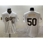 Los Angeles Dodgers #50 mookie betts white gold BUTLER 2024 world series with fernando memorial patch limited stitched jersey