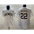 Milwaukee Brewers #22 Christian Yelich White BUTLER Pinstripe 2025 With Patch Stitched Jersey