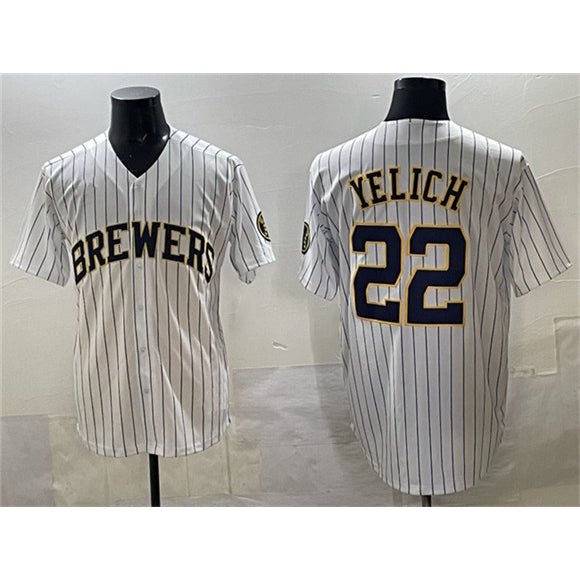 Milwaukee Brewers #22 Christian Yelich White BUTLER Pinstripe 2025 With Patch Stitched Jersey