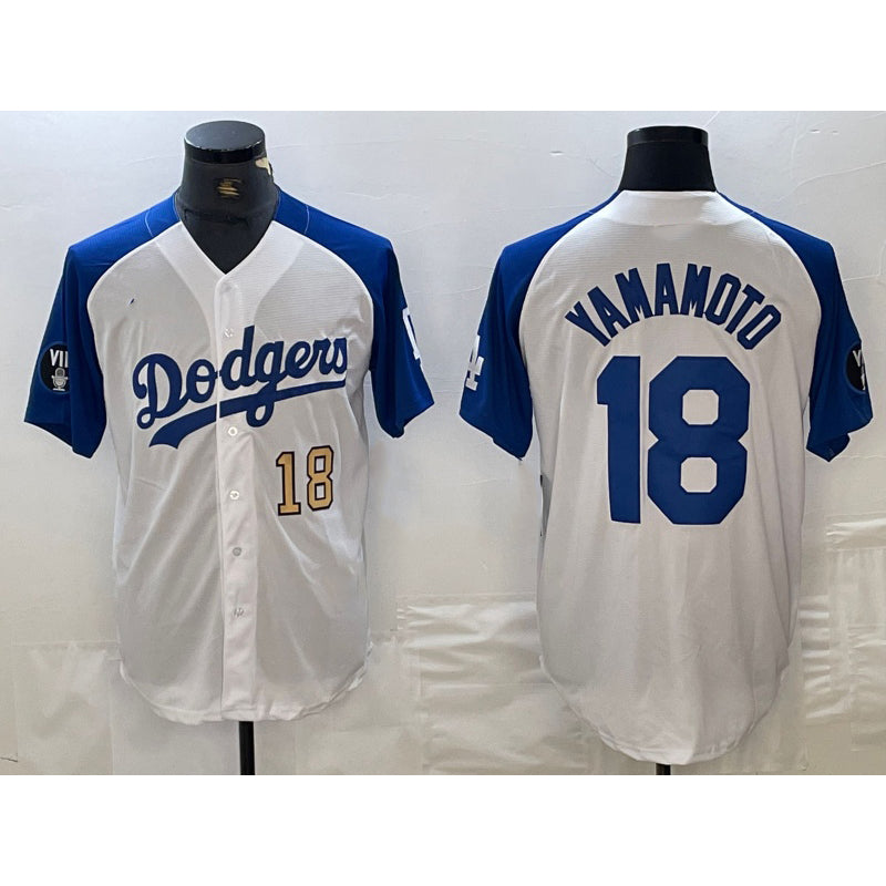 Los Angeles Dodgers #18 Yoshinobu Yamamoto Number White Blue BUTLER Fashion Stitched Cool Base Limited Jerseys