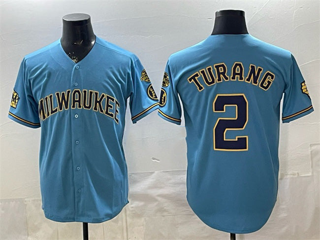 Milwaukee Brewers #2 Brice Turang Blue BUTLER With Home & Bob Uecker Patch Stitched Jersey