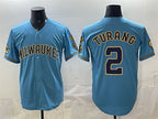 Milwaukee Brewers #2 Brice Turang Blue BUTLER With Home & Bob Uecker Patch Stitched Jersey