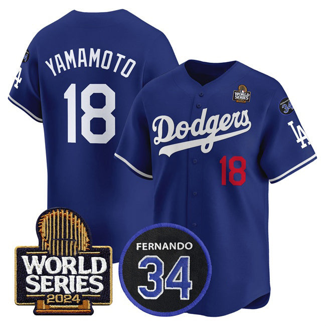 Los Angeles Dodgers #18 Yoshinobu Yamamoto Royal BUTLER 2024 World Series With Fernando Memorial Patch Limited Stitched Jersey