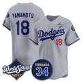 Los Angeles Dodgers #18 Yoshinobu Yamamoto Gray BUTLER 2025 World Series With No. 34 Patch Limited Stitched Jersey